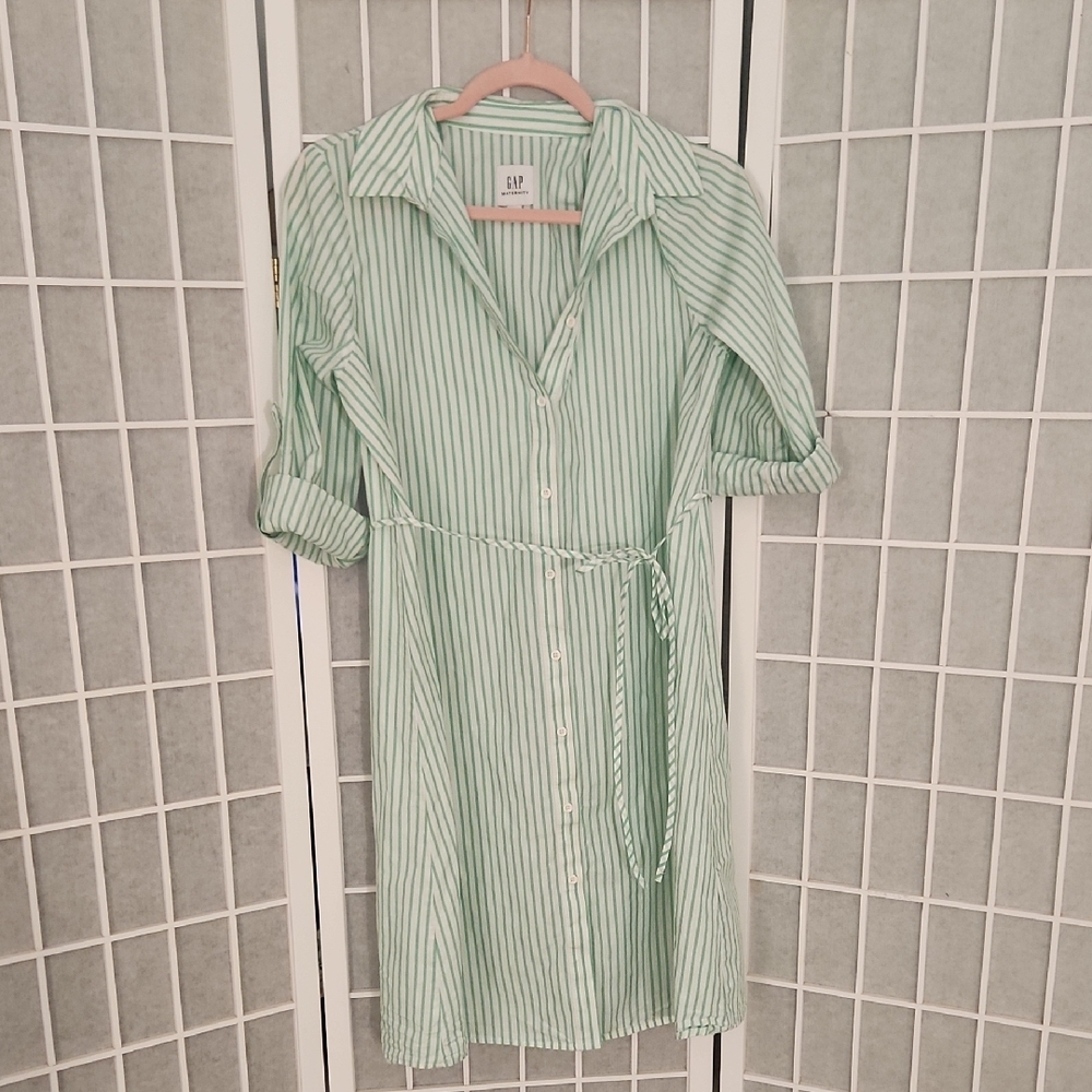 GAP Maternity Front Tie Dress Green and White Stripes 100% Cotten